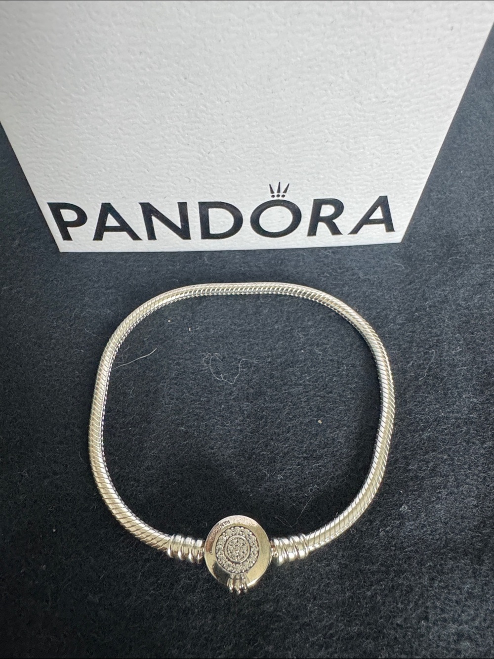 Pandora Silver Snake Chain Bracelet with Round Pave Clasp - Silver